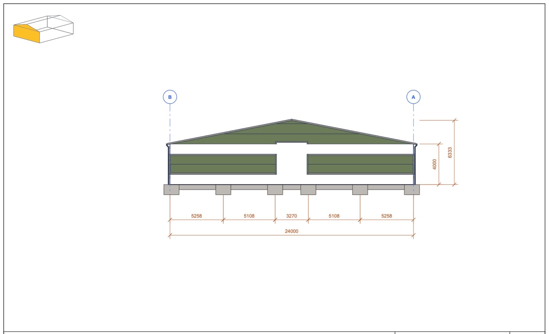 Pohled na žlutou stěnu · vrata 3 × 4 m