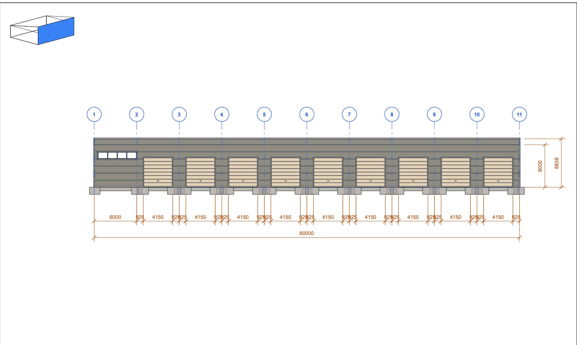 Side view with 9 industrial doors · 60 m