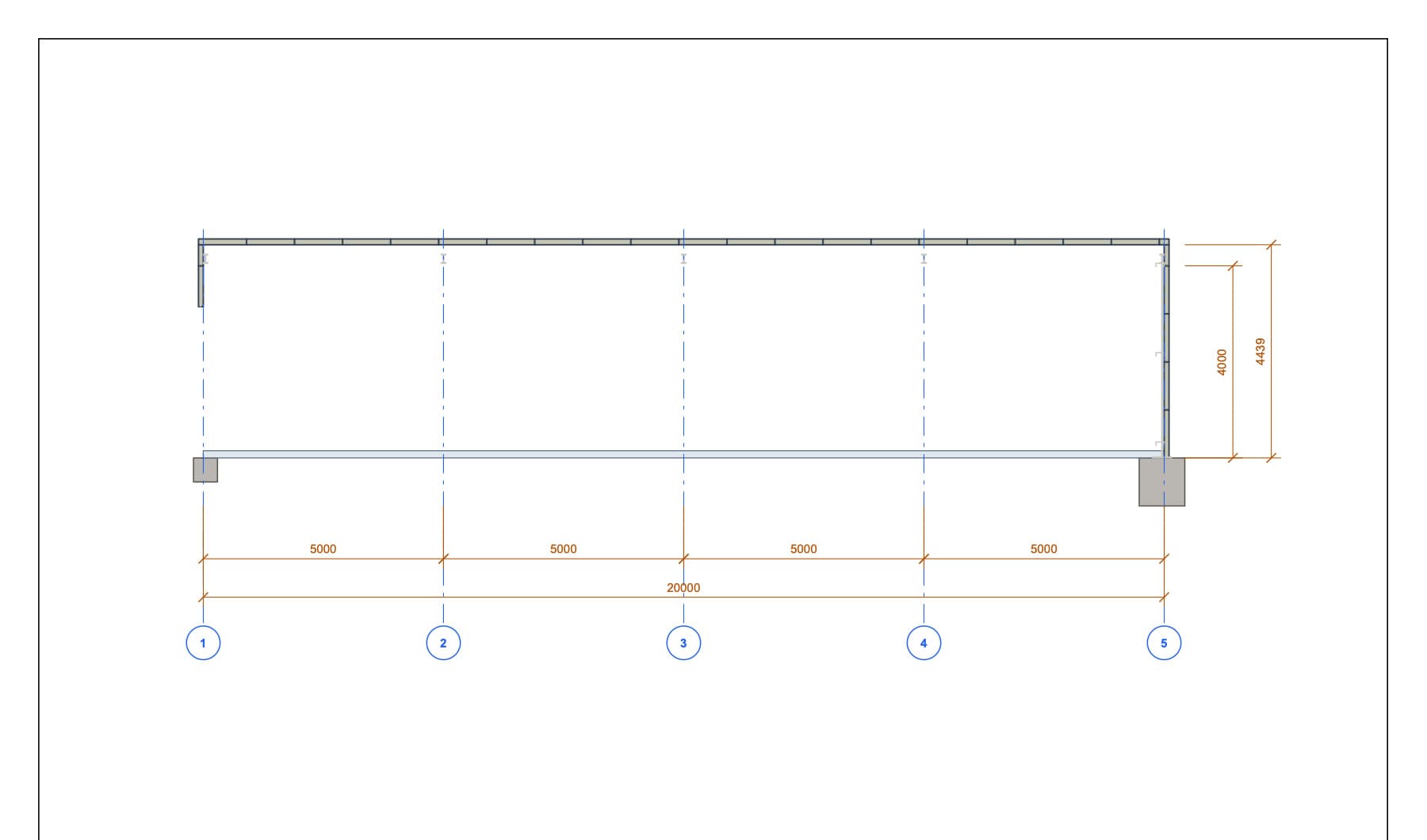 Longitudinal section · 20 m · 4 bays
