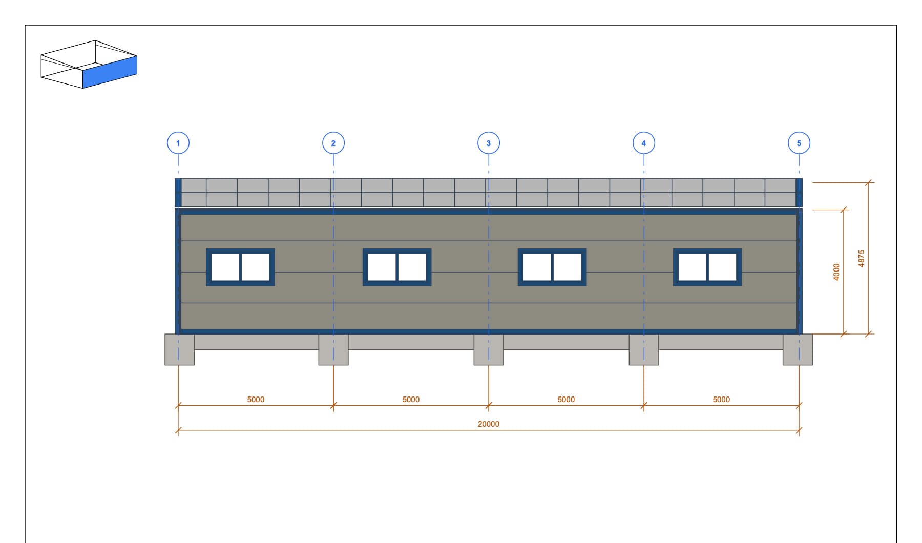 Side view · 4 translucent panels · 20 m