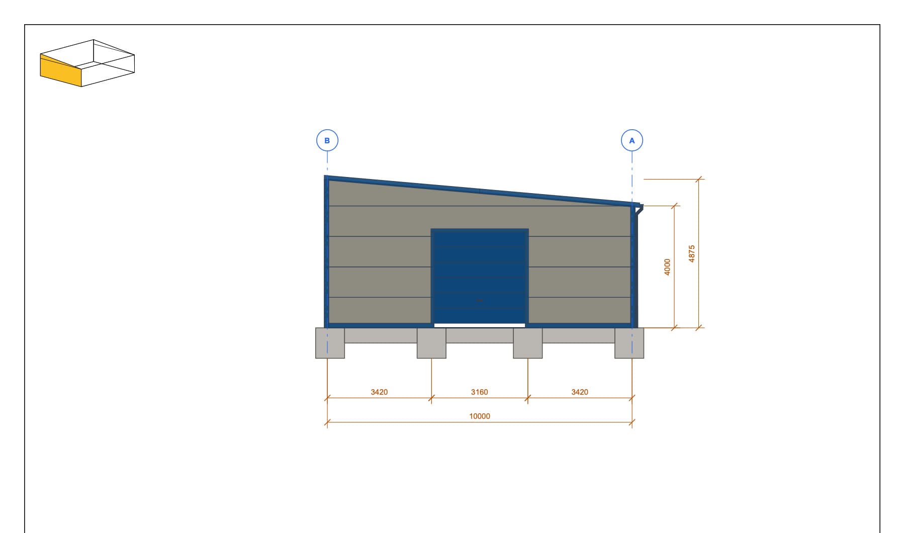 Front view with industrial door · 10 m