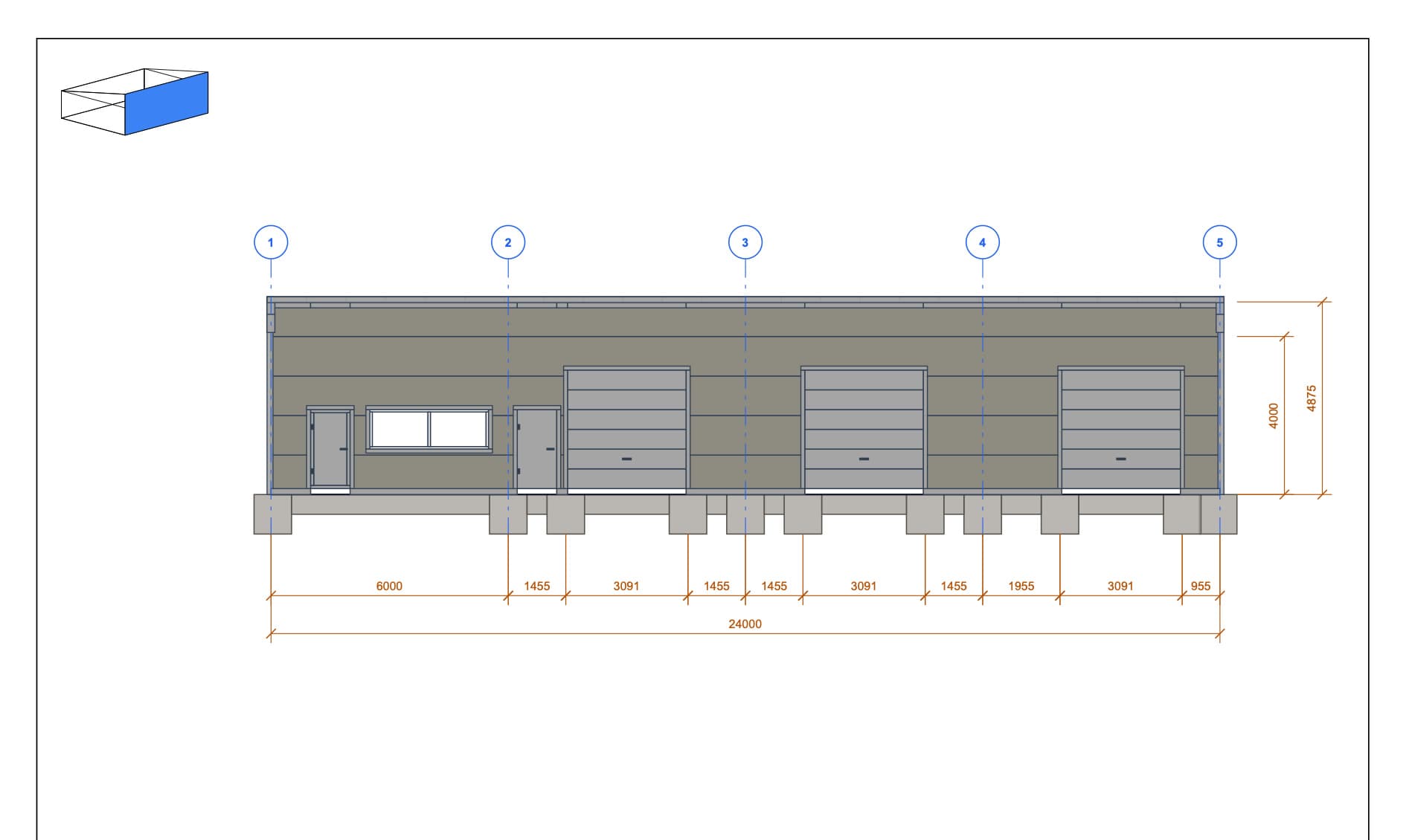 Service view · 3 industrial doors and 2 personnel doors