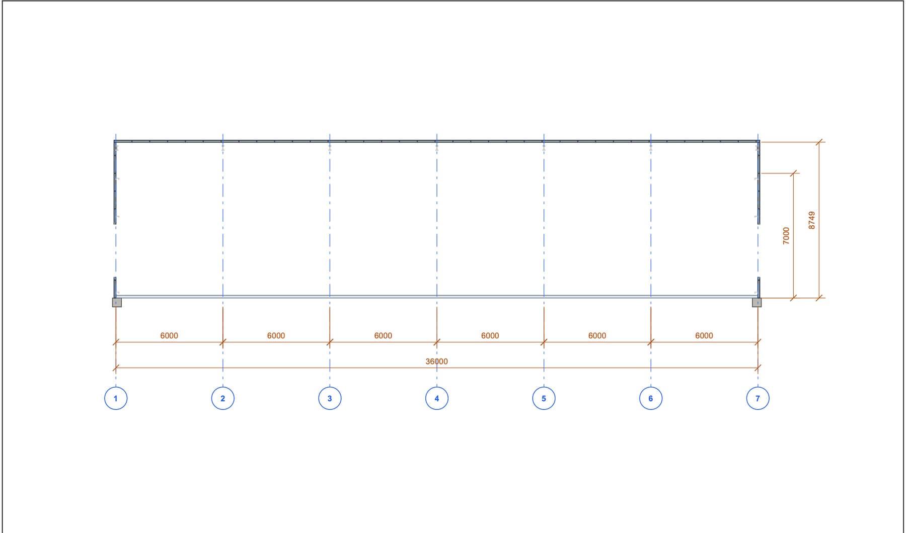 Longitudinal section · 36 m · 6 bays