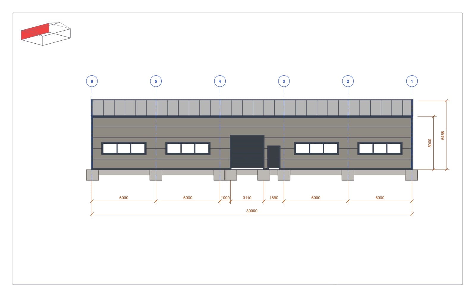 Side view with industrial doors · 30 m