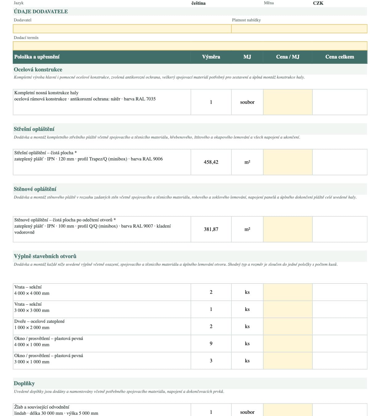 Schedule of quantities · 450 m²