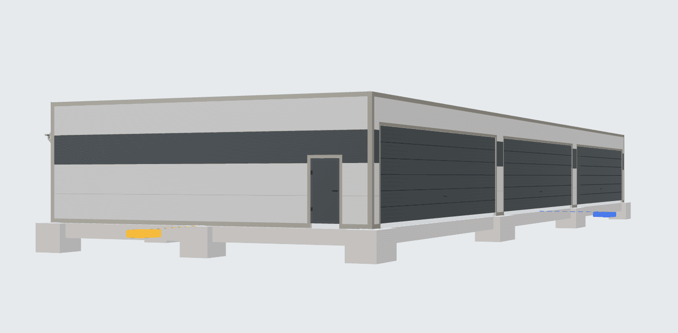 Technický 3D model zatepleného hangáru se třemi širokými vraty