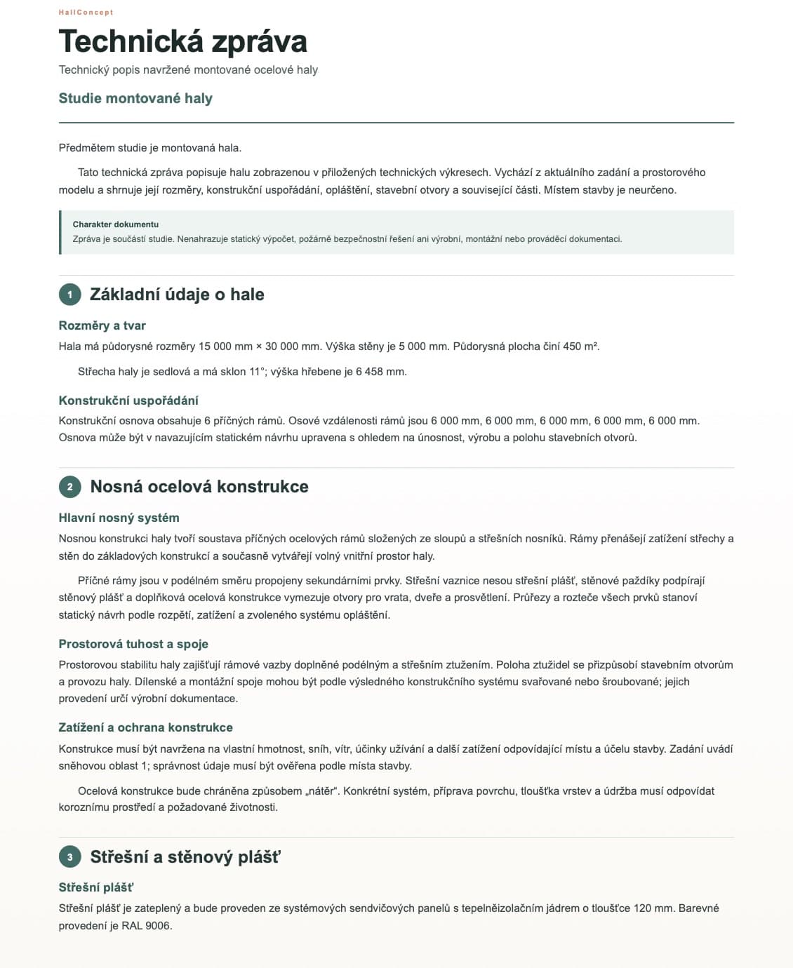 Sample technical report from a manufacturing hall study created in HallConcept